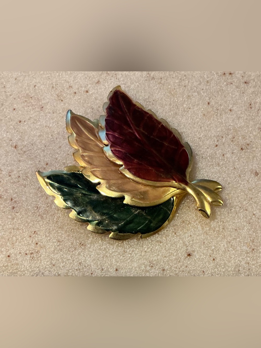 Vintage Leaf Trio Brooch - Green, Burgundy, Gold